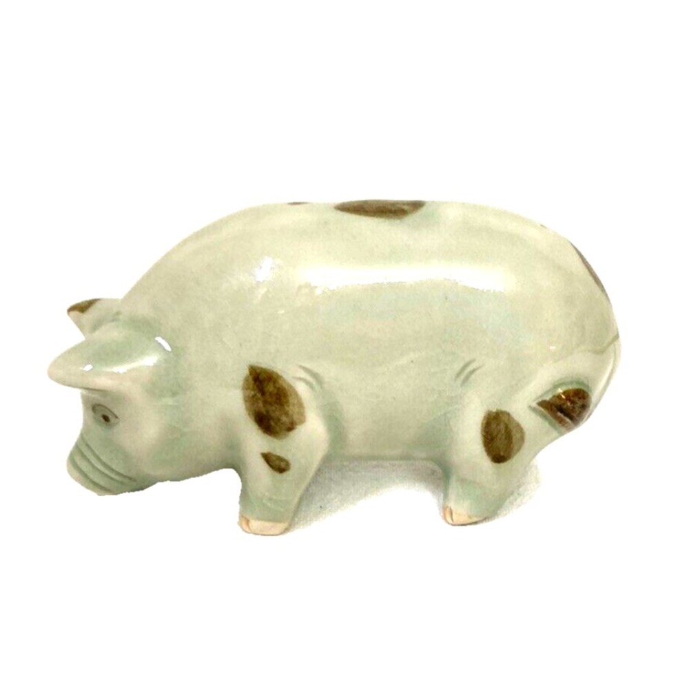 Vtg Ceramic Pig Figurine Bluish Green Brown Spots 4" L Farmhouse Animal Cottage